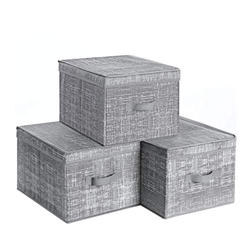 SONGMICS Set di 3 Scatole Portaoggetti Pieghevoli con Coperchio, Contenitori in Tessuto con Portaetichetta, Organizzatore, 30 x 40 x 25 cm, Grigio Melange