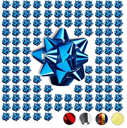 Relaxdays Fiocchetti per Pacchetti Regalo Set 100 Pezzi, Autoadesivi, Stelle Decorative per Natale e Compleanni, Polipropilene, Blu, 2 x 5 cm