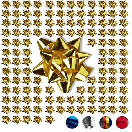 Relaxdays Set da 100 Fiocchetti per Pacchetti Regalo, Stelle Decorative per Natale e Compleanni, Ø 5 cm, Oro, Polipropilene, 2 x 5 cm