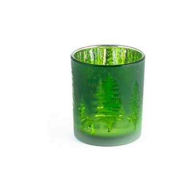 H&H Porta Tealight in Vetro, Decoro Verde Bosco, 7x8cm H&H Porta Tealight in Vetro, Decoro Verde Bosco, 7x8cm