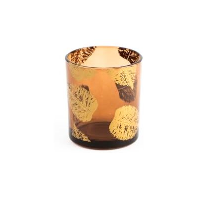 H&H Porta Tealight in Vetro, Decoro Foglie Oro, 7x8cm H&H Porta Tealight in Vetro, Decoro Foglie Oro, 7x8cm