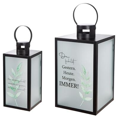Gilde Set di 2 lanterne Du fehlst/Für immer lieben Metall Schwarz Matt Rettangolare Foglia Motivo Scritta Gilde Set di 2 lanterne Du fehlst/Für immer lieben Metall Schwarz Matt Rettangolare Foglia Motivo Scritta