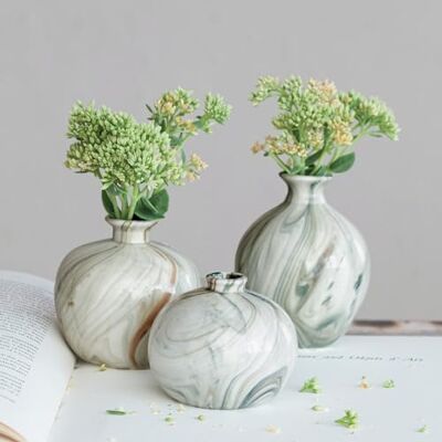 Creative Set di 3 vasi decorativi in gres con motivi marmorizzati, colore: verde Creative Set di 3 vasi decorativi in gres con motivi marmorizzati, colore: verde
