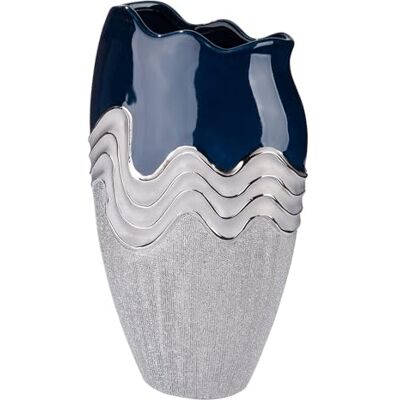 Gilde Vaso Wavy, in ceramica, conico, altezza 39 cm x larghezza 22,5 cm, blu scuro, argento, smaltato, impermeabile Gilde Vaso Wavy, in ceramica, conico, altezza 39 cm x larghezza 22,5 cm, blu scuro, argento, smaltato, impermeabile