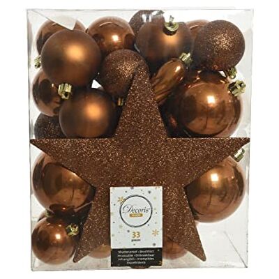 Kaemingk Plastic Christmas Baubles 5-8 cm with Christmas Tree Topper Star Set of 33 Shatterproof Brown Copper Kaemingk Plastic Christmas Baubles 5-8 cm with Christmas Tree Topper Star Set of 33 Shatterproof Brown Copper