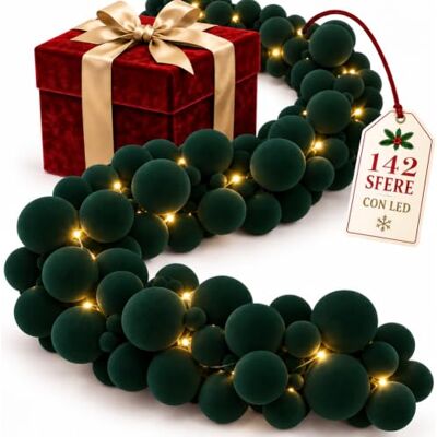 BAKAJI Ghirlanda Natalizia con Led e Finitura in Velluto Premium, Addobbo Festone Natalizio Lunghezza 180 cm, Ornamento con 142 Palline di Natale Multiuso, Decorazione per Interni ed Esterni BAKAJI Ghirlanda Natalizia con Led e Finitura in Velluto Premium, Addobbo Festone Natalizio Lunghezza 180 cm, Ornamento con 142 Palline di Natale Multiuso, Decorazione per Interni ed Esterni