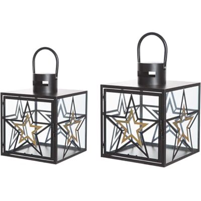Gilde Set di 2 lanterne Modern Star – vetro e metallo – rettangolari – motivo a stella – nero opaco – 2 misure Gilde Set di 2 lanterne Modern Star – vetro e metallo – rettangolari – motivo a stella – nero opaco – 2 misure