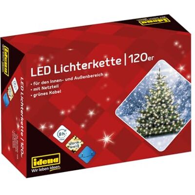 Idena Catena luminosa a LED con 120 LED in bianco caldo, con funzione timer 8 ore e trasformatore, lunga circa 19,9 m, per uso interno ed esterno, per feste, Natale, decorazione, matrimonio Idena Catena luminosa a LED con 120 LED in bianco caldo, con funzione timer 8 ore e trasformatore, lunga circa 19,9 m, per uso interno ed esterno, per feste, Natale, decorazione, matrimonio