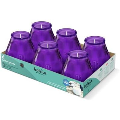Bolsius Candele per Esterni 6 Pezzi In Vetro Viola Durata di Combustione 70 Ore Senza Olio di Palma Combustione Pulita Stoppino di Cotone Non Profumate Bolsius Candele per Esterni 6 Pezzi In Vetro Viola Durata di Combustione 70 Ore Senza Olio di Palma Combustione Pulita Stoppino di Cotone Non Profumate