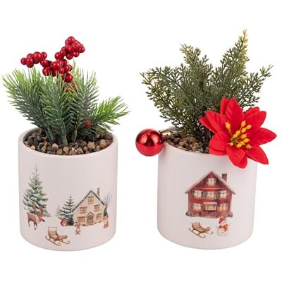 Tivoli Set 4 Piantine natalizie artificiali, vaso in ceramica, Winter Village Tivoli Set 4 Piantine natalizie artificiali, vaso in ceramica, Winter Village