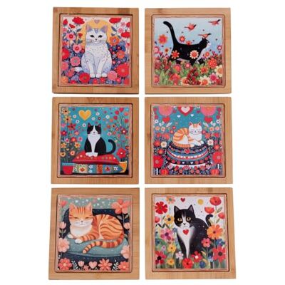 Tivoli Set 6 Mattonella decorativa in ceramica e bambù, Cats Tivoli Set 6 Mattonella decorativa in ceramica e bambù, Cats
