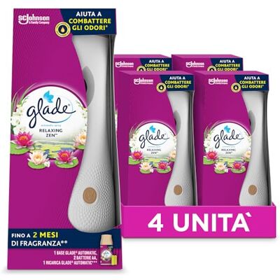 Glade Automatic Spray, Profumatore per Ambienti, Fragranza Relaxing Zen, 4 Diffusori e 4 Ricariche 269 ml, 8 Pile AA Glade Automatic Spray, Profumatore per Ambienti, Fragranza Relaxing Zen, 4 Diffusori e 4 Ricariche 269 ml, 8 Pile AA