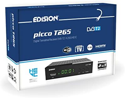 Edision PICCO T265 Ricevitore Digitale Terrestre Full HD DVBT2 H265 HEVC 10 Bit Bonus TV, FTA, USB, HDMI, SCART, Sensore IR, Supporto USB WiFi, Telecomando Universale 2in1, Main 10