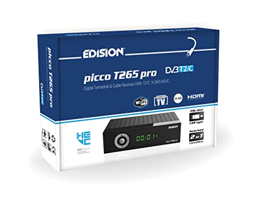 Edision PICCO T265 Pro Ricevitore Digitale Terrestre H265 HEVC 10Bit Bonus TV, FTA, USB, HDMI, SCART, Sensore IR, Supporto WiFi, Telecomando 2in1, Alimentazione 2in1, Main 10, Nero