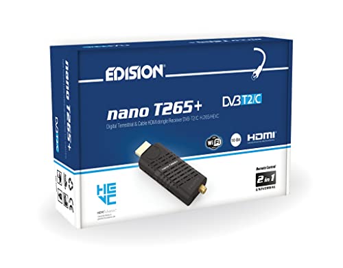 Edision NANO T265+ Decoder DVB-T2 HD Dongle Ricevitore Digitale Terrestre, Full HD, H265 HEVC, 10 Bit, FTA, USB, HDMI, Sensore IR, Supporto USB WiFi, Telecomando Universale 2in1, Main 10, Nero