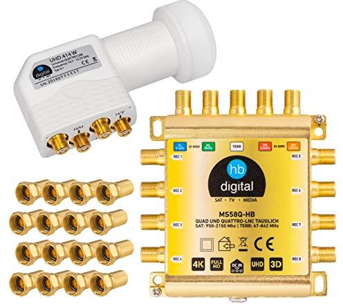 HB-Digital DVB-S/S2 Multiswitch 5/8 + Quattro LNB UHD 414 W bianco + 24 connettori F dorati   Multiswitch per 1 SAT, 8 partecipanti   Quad   incl. alimentatore di rete   MS58Q-HB   FullHD 4K UHD