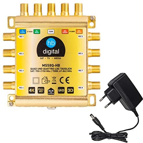 HB-Digital DVB-S/S2 Multiswitch 5/8   Distributore Multiswitch per 1 SAT, 8 ricevitori satellitari   Quad & Quattro LNB   con alimentatore esterno   MS58Q-HB   HDTV FullHD 1080p 4K UHD