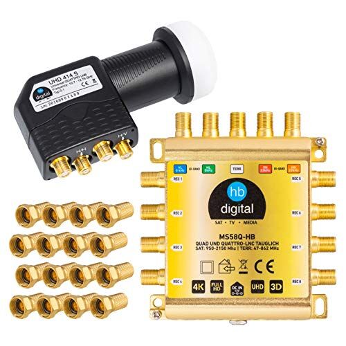 HB-Digital DVB-S/S2 Multiswitch 5/8 + Quattro LNB UHD 414 S nero + 24 connettori F dorati   Multiswitch per 1 SAT, 8 partecipanti   Quad compatibile   Alimentatore di rete   MS58Q-HB   FullHD 4K UHD