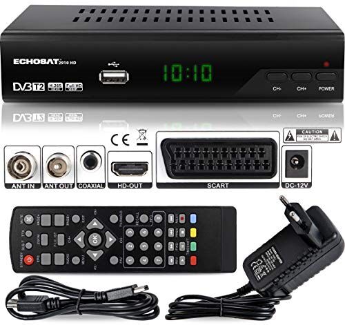 hd-line 2910 DVBT2 Ricevitore Full HD 1080P 4K per TV (HEVC/H.265 HDMI SCART, USB 2.0, DVBT-2, DVB-T2, DVB T2, DVBT 2), Reciver, Ricevitore, Nero, Echosat 20910 S, 2910echo