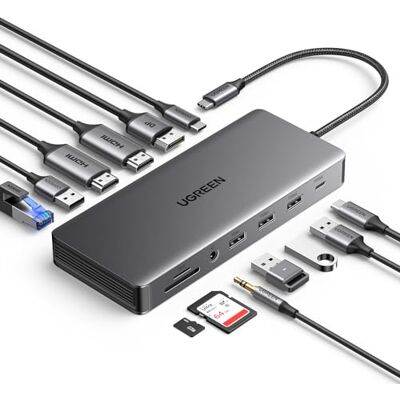 UGREEN Revodok Pro 313 Docking Station Triple Display, 13-in-1 USB C Dock con doppia HDMI, DP, 10 Gbps USB-C e USB-A Data Port, 100W PD, Ethernet, SD/TF, 3.5mm Audio per XPS, Thinkpad e altro UGREEN Revodok Pro 313 Docking Station Triple Display, 13-in-1 USB C Dock con doppia HDMI, DP, 10 Gbps USB-C e USB-A Data Port, 100W PD, Ethernet, SD/TF, 3.5mm Audio per XPS, Thinkpad e altro