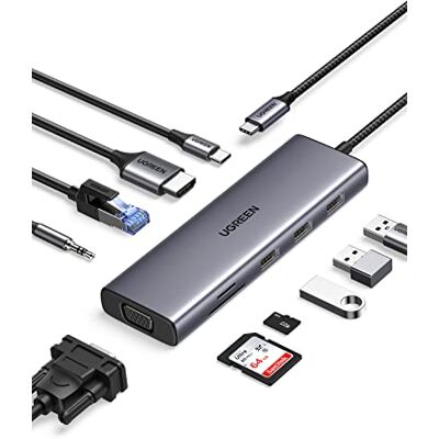 UGREEN 10 in 1 Hub USB C HDMI VGA Dock Docking Station PD 100W Alimentato RJ45 Ethernet Jack 3,5mm 5Gbps Lettore di Schede Doppio Display Compatibile con MacBook Pro Air M2 M1 Surface UGREEN 10 in 1 Hub USB C HDMI VGA Dock Docking Station PD 100W Alimentato RJ45 Ethernet Jack 3,5mm 5Gbps Lettore di Schede Doppio Display Compatibile con MacBook Pro Air M2 M1 Surface