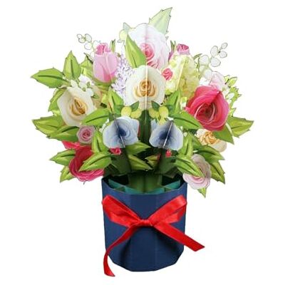 REMOtech Biglietto pop-up 3D extra-large di biglietti di auguri 27 x 25 cm, blu navy con fiocco rosso, rose multicolori REMOtech Biglietto pop-up 3D extra-large di biglietti di auguri 27 x 25 cm, blu navy con fiocco rosso, rose multicolori
