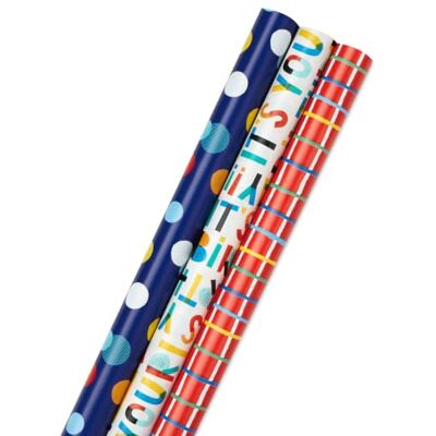 Hallmark Confezione da 3 fogli di carta da regalo per compleanno, con linee di taglio sul retro (3 pezzi: 55 m²), stampe e motivi olografici, colori rosso, blu, giallo, bianco e altro ancora Hallmark Confezione da 3 fogli di carta da regalo per compleanno, con linee di taglio sul retro (3 pezzi: 55 m²), stampe e motivi olografici, colori rosso, blu, giallo, bianco e altro ancora