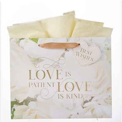 Christian Art Gifts Set di sacchetti regalo di grandi dimensioni, etichette e carta da regalo per regali di nozze: Love is Kind Encouraging Bibbia, manici in nastro di raso, motivo floreale beige Christian Art Gifts Set di sacchetti regalo di grandi dimensioni, etichette e carta da regalo per regali di nozze: Love is Kind Encouraging Bibbia, manici in nastro di raso, motivo floreale beige