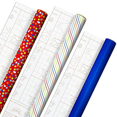 Hallmark Carta da regalo di compleanno con modelli per fiocchi fatti a mano sul retro (confezione da 3: 75 sq. ft. ttl) blu reale, strisce arcobaleno, coriandoli colorati Hallmark Carta da regalo di compleanno con modelli per fiocchi fatti a mano sul retro (confezione da 3: 75 sq. ft. ttl) blu reale, strisce arcobaleno, coriandoli colorati