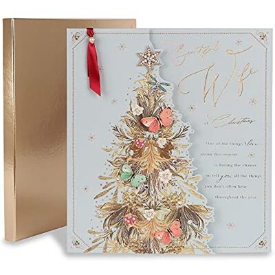 Clintons : albero decorativo per moglie su biglietto natalizio blu Clintons : albero decorativo per moglie su biglietto natalizio blu