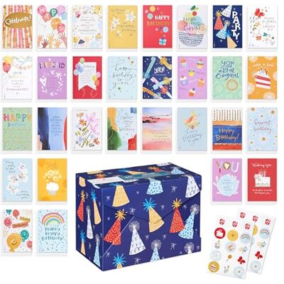 American Greetings Confezione da 33 biglietti di compleanno progettati da Kathy Davis Studios, assortimento di acquerelli colorati American Greetings Confezione da 33 biglietti di compleanno progettati da Kathy Davis Studios, assortimento di acquerelli colorati