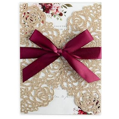 PONATIA 25PCSLot 250GSM 5.x 7.1 '' rosa cava tagliata al laser con nastri bordeaux glitter biglietti di invito matrimonio matrimonio addio al nubilato fidanzato compleanno laurea invito oro glitter PONATIA 25PCSLot 250GSM 5.x 7.1 '' rosa cava tagliata al laser con nastri bordeaux glitter biglietti di invito matrimonio matrimonio addio al nubilato fidanzato compleanno laurea invito oro glitter