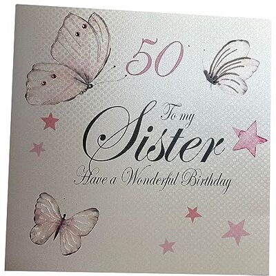 White Cotton Cards Biglietto di auguri per il 50° compleanno fatto a mano con farfalle e scritta in inglese 50 to my sister have a wonderful handmade 50th Birthday, White Cotton Cards Biglietto di auguri per il 50° compleanno fatto a mano con farfalle e scritta in inglese 50 to my sister have a wonderful handmade 50th Birthday,