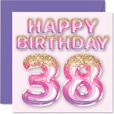 Stuff4 Biglietto di auguri per 38° compleanno da donna, rosa e viola Con palloncini glitterati, per 38 anni, per sorella, mamma, zia, 145 mm x 145 mm, regalo per trentottesimo compleanno Stuff4 Biglietto di auguri per 38° compleanno da donna, rosa e viola Con palloncini glitterati, per 38 anni, per sorella, mamma, zia, 145 mm x 145 mm, regalo per trentottesimo compleanno