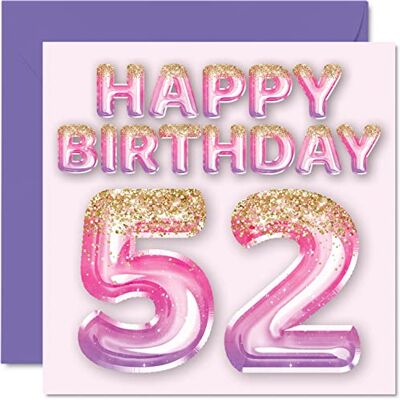 Stuff4 Biglietto di auguri per il 52° compleanno da donna, mamma Con palloncini glitterati rosa e viola, biglietti di auguri per 52 anni, nonna, zia, 145 mm x 145 mm, regalo Stuff4 Biglietto di auguri per il 52° compleanno da donna, mamma Con palloncini glitterati rosa e viola, biglietti di auguri per 52 anni, nonna, zia, 145 mm x 145 mm, regalo