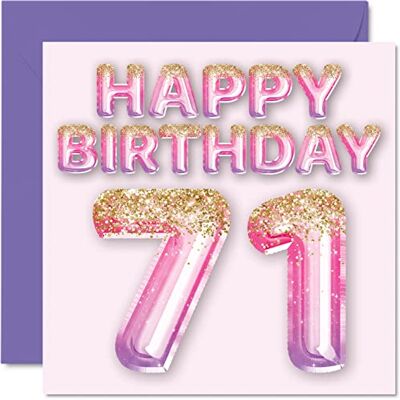 Stuff4 Biglietto di auguri per il 71° compleanno, da donna Con palloncini glitterati rosa e viola, biglietti di auguri per 71 anni, mamma, nonna, 145 mm x 145 mm Stuff4 Biglietto di auguri per il 71° compleanno, da donna Con palloncini glitterati rosa e viola, biglietti di auguri per 71 anni, mamma, nonna, 145 mm x 145 mm