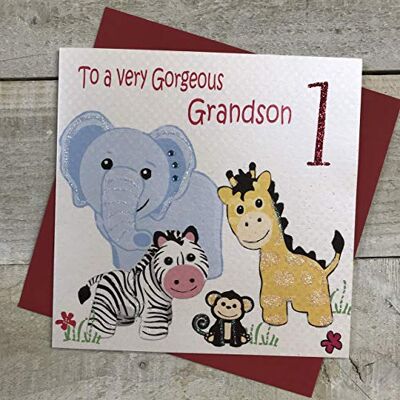 White Cotton Cards Biglietto di Auguri per Il Primo Compleanno Fatto a Mano con Animali Safari, White Cotton Cards Biglietto di Auguri per Il Primo Compleanno Fatto a Mano con Animali Safari,
