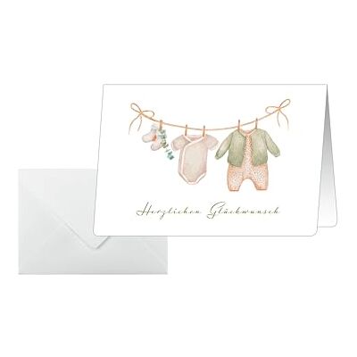 Sigel Biglietti di auguri per nascita "Baby Clothes", formato C6, 10 pezzi, con buste, struttura in lino con angoli arrotondati, neutro, per ragazze e ragazzi, ideali da stampare, colore verde Sigel Biglietti di auguri per nascita "Baby Clothes", formato C6, 10 pezzi, con buste, struttura in lino con angoli arrotondati, neutro, per ragazze e ragazzi, ideali da stampare, colore verde