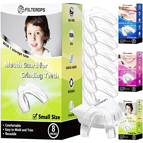 Filterops Paradenti per bambini per digrignare i denti di notte, confezione da 8 protezioni notturne modellabili per stringere i denti, bruxismo, sport atletico, vassoio sbiancante