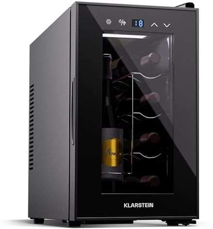 KLARSTEIN Cantinetta Vino Refrigerata a Zona Singola per Interno/Esterni, Frigo Bar, Cantina Vino con Porta in Vetro, Mini Frigo Silenzioso, Frigorifero Piccolo Touch Control, 5-18°C, 8 Bottiglie