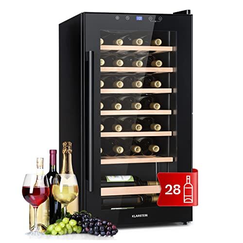 KLARSTEIN Cantinetta Vino, Cantinetta Vino Refrigerata a Zona Singola per Interno/Esterni, Frigo Bar, Cantina Vino con Vetrina, Mini Bar con Protezione UV, Frigo Vino Touch, 4-18°C, 28 Bottiglie