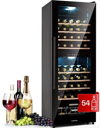 KLARSTEIN Cantinetta Vino, Cantinetta Vino Refrigerata a Zona Doppia per Interno/Esterni, Frigo Bar, Cantina Vino con Vetrina, Mini Bar con Protezione UV, Frigo Vino Touch, 5-18°C, 54 Bottiglie