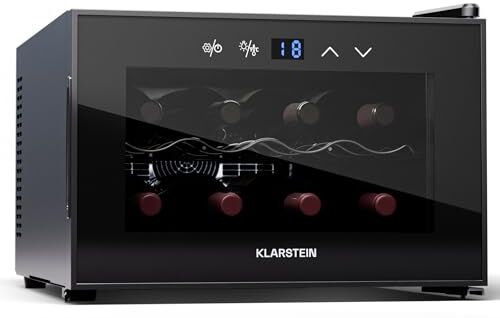 KLARSTEIN Cantinetta Vino Refrigerata a Zona Singola per Interno/Esterni, Frigo Bar, Cantina Vino con Porta in Vetro, Mini Frigo Silenzioso, Frigorifero Piccolo Touch Control, 5-18°C, 8 Bottiglie