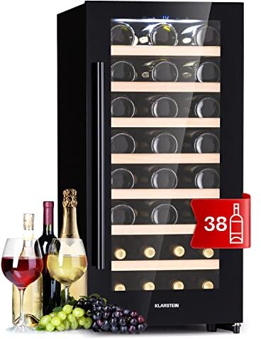 KLARSTEIN Cantinetta Vino Refrigerata a Zona Singola per Interno/Esterni, Frigo Bar, Cantina Vino con Vetrina, Mini Frigo con Protezione UV, Frigorifero Piccolo Touch Control 5-18°C 38 Bottiglie