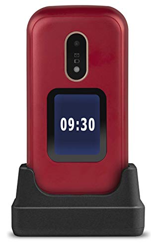 Doro 6060 2G Telefono Cellulare Anziani Dual SIM Conchiglia Sportellino Mini Telefono Telefonino per Anziani Tasti Grandi Schermo Esterno Fotocamera Tasto SOS Base Ricarica (Rosso)
