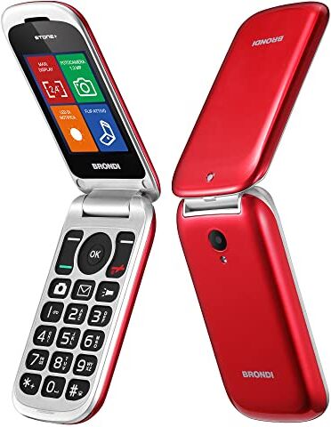 Brondi Stone+ sbloccato, 0GB, Cellulare con apertura a conchiglia e flip attivo, Dual Sim, Display 2.4 pollici, Rosso