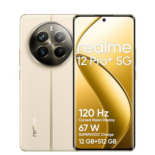 Realme 12 Pro+ 5G Smartphone 12+512GB, Fotocamera Sony IMX890 OIS Zoom ottico 3X, Snapdragon 7s Gen 2, Display curvo Vision da 6,7" a 120Hz, Ricarica SUPERVOOC da 67W, Batteria da 5.000mAh, beige