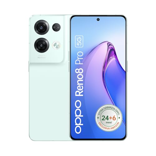 Oppo RENO8 Pro Smartphone 5G, AI Tripla fotocamera 50+8+2MP, Selfie 32MP, Display 6.7” 120HZ AMOLED, 4500mAh, RAM 8GB (Esp. fino 13GB) + ROM 256GB, [Extra Garanzia 24+6Mesi], Colore Glazed Green