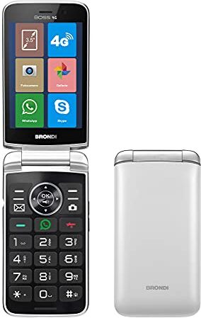 Brondi BOSS 4G Telefono Cellulare Maxi Display, Tastiera Fisica Retroilluminata, Dual Sim, 5 MP, Li-ion 1500 mAh, Flip Attivo,Type-c, Social Network, Bianco