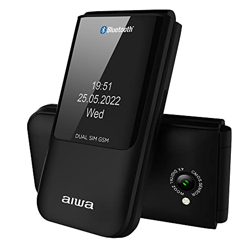 Aiwa FP-24BK Telefono cellulare per anziani con tasti grandi, Bluetooth, con base di ricarica, Dual SIM, display a colori, SOS, chiamata d'emergenza, 32 MB ROM, 32 MB RAM, GPRS, GSM